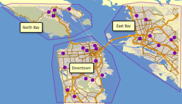 Las tres zonas de ruta en la visualización del mapa