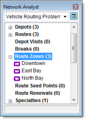 Las tres zonas de ruta en la ventana de Network Analyst