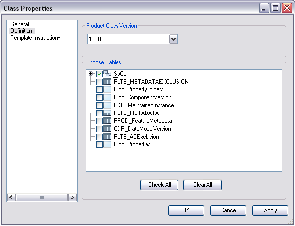 Example of tables in a product class version