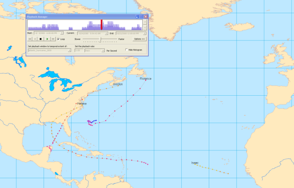 Reproducción de datos sobre huracanes en el mapa