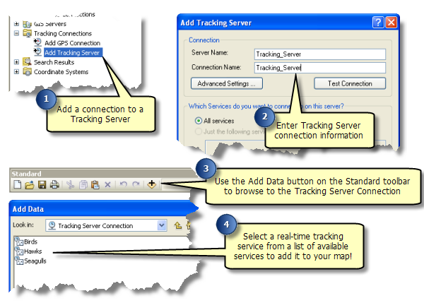 Tracking Analyst proporciona un proceso simplificado para agregar datos en tiempo real desde Esri Tracking Server