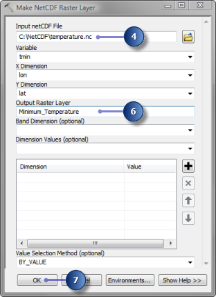 Valores de parámetros en la herramienta Crear capa ráster NetCDF