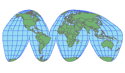 Ilustración de la versión orientada a tierra de la proyección Homolosena de Goode.