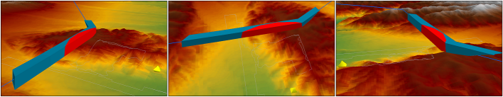 Diferentes vistas de las zonas de peligro 3D clasificadas para el corredor de vuelo