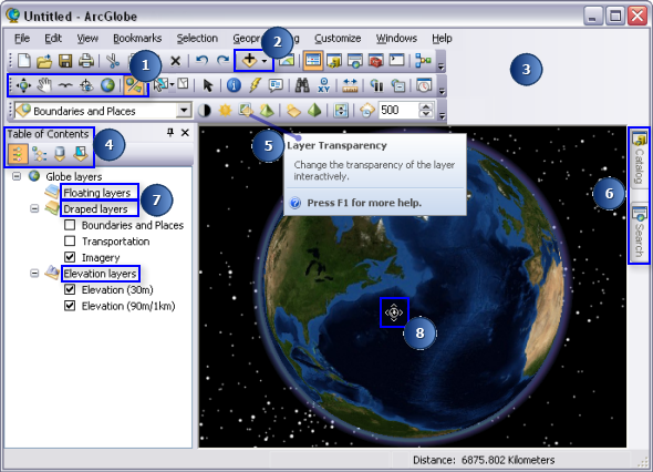 La interfaz de usuario de ArcGlobe