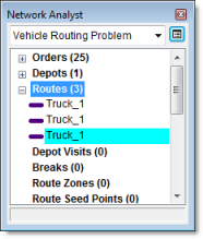 Tres objetos de ruta en la ventana de Network Analyst