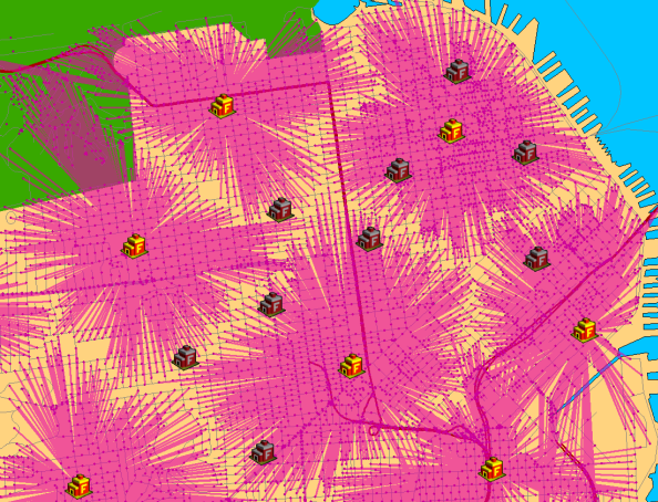 Un mapa de 16 estaciones de bomberos: los siete que deben permanecer abiertos para cubrir los puntos de demanda en un margen de tres minutos y los nueve que se podrían cerrar.