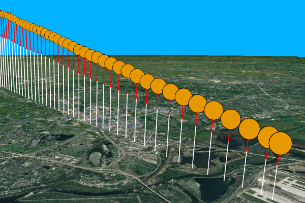 Ejemplo de líneas elevadas y líneas directrices en ArcGlobe