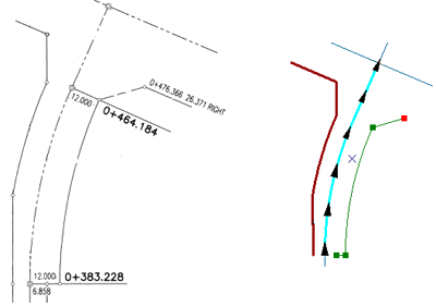 El plano topográfico (izquierda) y el bosquejo en ArcGIS (derecha), creados con la ventana Línea de desplazamiento