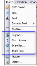 Leyenda, flecha de norte y escala en el menú Insertar