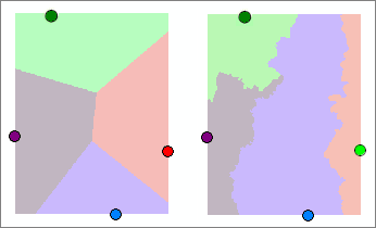 Asignación euclidiana comparada con la asignación de la distancia de ruta