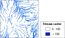 Ráster de transmisión que muestra las celdas con una acumulación de flujo mayor de 100