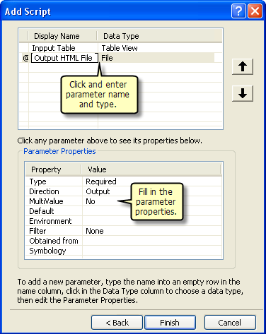 Configurar las propiedades de parámetro de la herramienta de secuencia de comandos