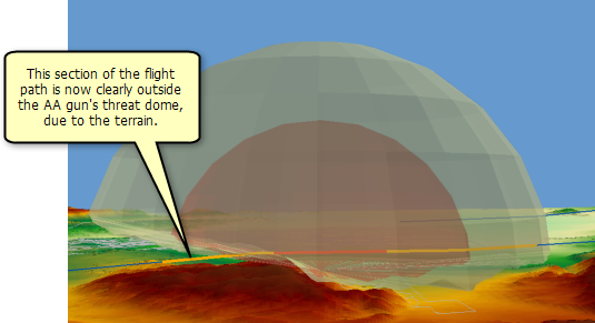 Parte de la sección naranja de la ruta de vuelo no se ve amenazada por el arma antiaérea debido al efecto del terreno