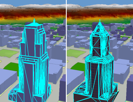 Utilice Reemplazar con modelo para actualizar edificios construidos a partir de bloques extruidos y convertidos en multiparches complejos y texturizados.