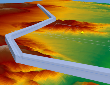 Corredor de vuelo 3D creado a partir de una capa de polígono extruido.