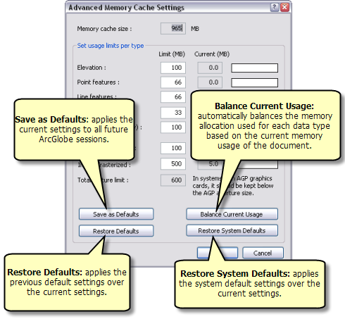 Cuadro de diálogo Configuración de caché de memoria avanzada de ArcGlobe.