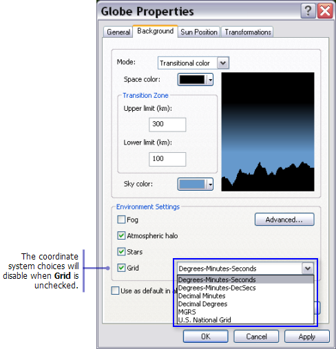 Cuadro de diálogo Propiedades de ArcGlobe para la configuración de visualización de fondo