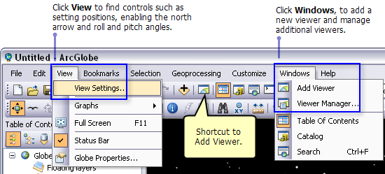 Las opciones del menú Ventanas y Vista para Visualizadores adicionales y Configuración de la vista en ArcGlobe