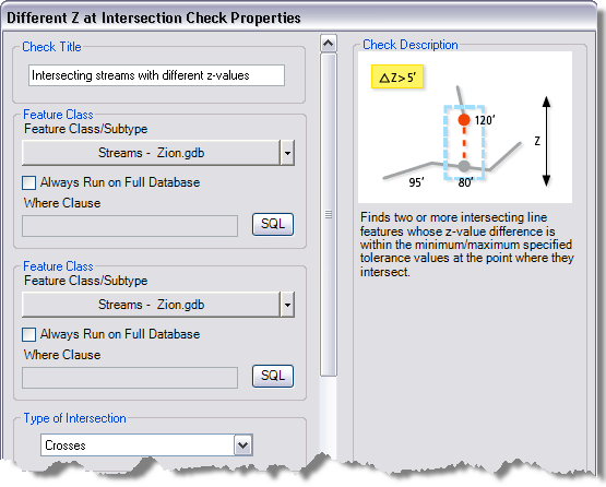 Cuadro de diálogo Propiedades de la comprobación Valor z diferente en intersección