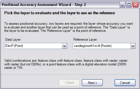 Cuadro de diálogo Seleccione la capa a evaluar y la capa a usar como referencia.