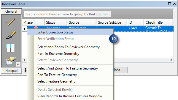 Menú contextual del registro de la tabla de Reviewer