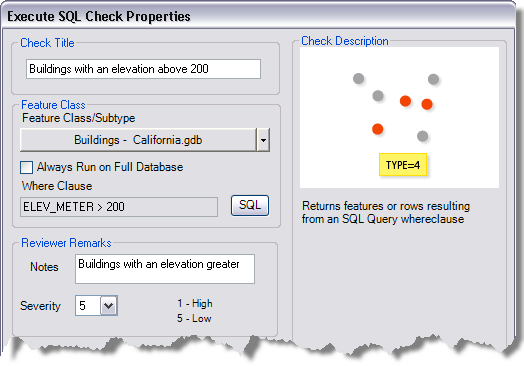 Cuadro de diálogo Propiedades de la comprobación Ejecutar SQL