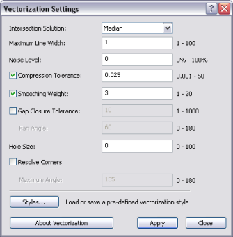 Vectorization Settings dialog box