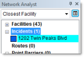 El incidente en la ventana ArcGIS Network Analyst