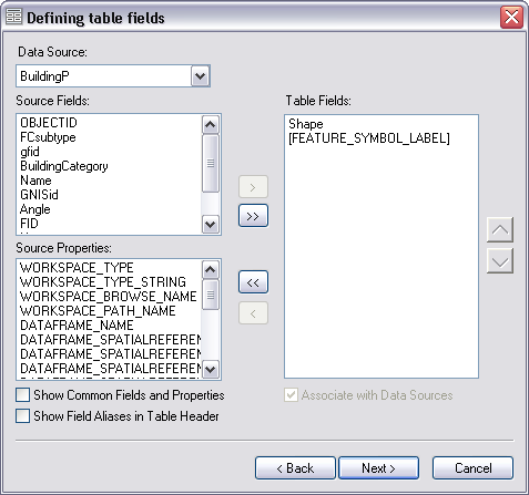 Defining table fields dialog box