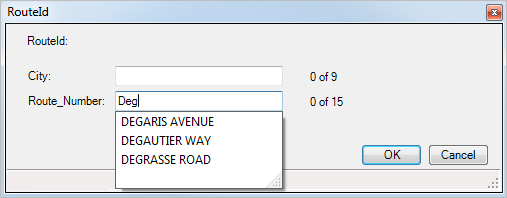 RouteId dialog box when a lookup table is used