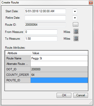 Create Route dialog box populated with redline information