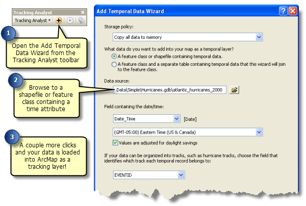 El Asistente Agregar datos temporales facilita la adición de datos temporales como una capa de rastreo