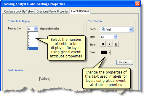 Pestaña Atributos del evento de cuadro de diálogo Propiedades de configuraciones globales de Tracking Analyst