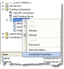 Haga clic con el botón derecho en una conexión al Servidor de seguimiento y haga clic en Propiedades de conexión