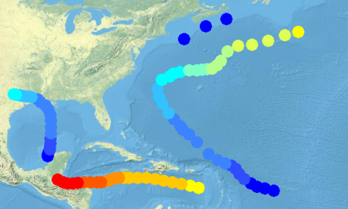 Ejemplo de ventana de tiempo en color para datos de puntos en el mapa durante la reproducción