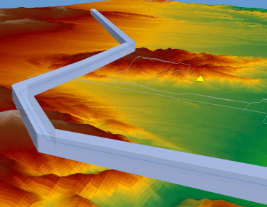 Corredor de vuelo 3D creado a partir de una capa de polígono extruido. Corredor de vuelo 3D creado a partir de una capa de polígono extruido.