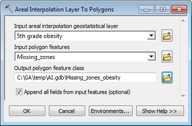 Areal Interpolation Layer To Polygons geoprocessing tool dialog box Areal Interpolation Layer To Polygons geoprocessing tool dialog box
