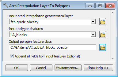 Areal Interpolation Layer To Polygons geoprocessing tool dialog box Areal Interpolation Layer To Polygons geoprocessing tool dialog box