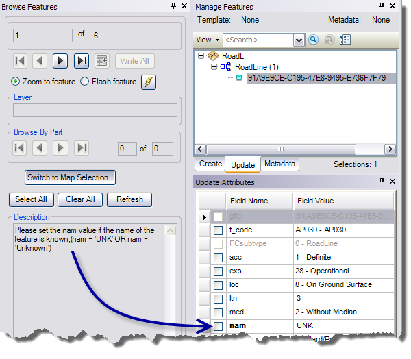 A validation error found on a selected feature