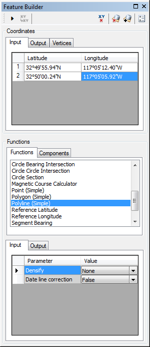Feature Builder window with the Polyline (Simple) function selected Feature Builder window with the Polyline (Simple) function selected