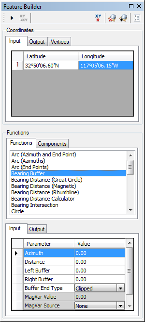 Feature Builder window when the Bearing Buffer function is selected Feature Builder window when the Bearing Buffer function is selected
