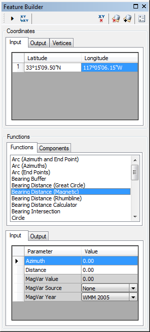 Feature Builder window when the Bearing Distance (Magnetic) function is selected Feature Builder window when the Bearing Distance (Magnetic) function is selected