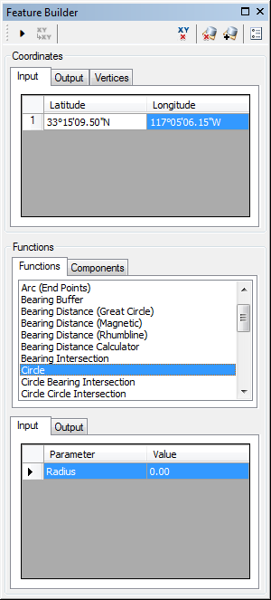 Feature Builder window when the Circle function is selected Feature Builder window when the Circle function is selected