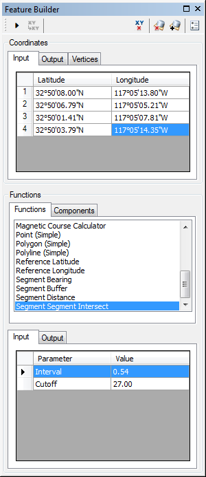 Feature Builder window with the Segment Segment Intersection function selected Feature Builder window with the Segment Segment Intersection function selected
