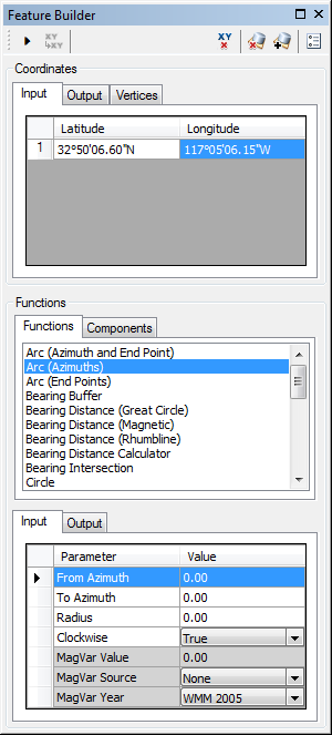 Feature Builder window with the Arc (Azimuths) function selected Feature Builder window with the Arc (Azimuths) function selected
