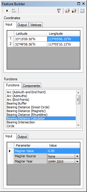 Feature Builder window with the Bearing Distance Calculator function selected Feature Builder window with the Bearing Distance Calculator function selected