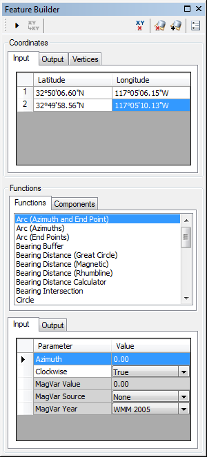 Feature Builder window with the Arc (Azimuth and End Point) function selected Feature Builder window with the Arc (Azimuth and End Point) function selected