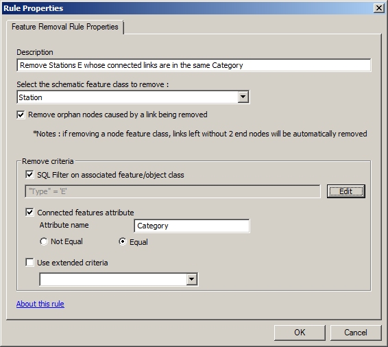 Feature Removal rule properties page specified to remove the Type E schematic nodes whose connected links are in the same category Feature Removal rule properties page specified to remove the Type E schematic nodes whose connected links are in the same category