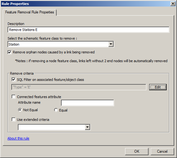 Feature Removal rule properties page specified to remove the Type E schematic nodes Feature Removal rule properties page specified to remove the Type E schematic nodes
